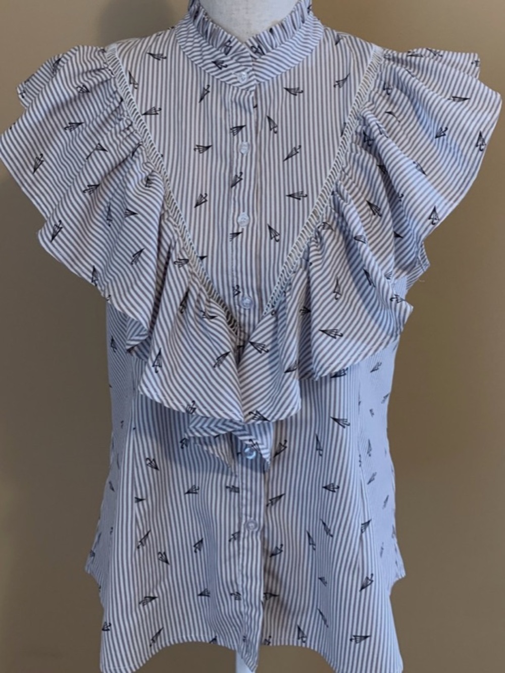 Sweet Wanderer blouse button down Striped Top in White & blue gray size XL